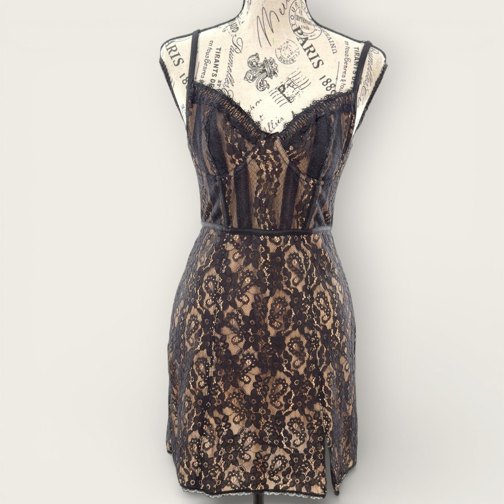 Urban Outfitters‎ Lace Corset Midi Dress Black Nude Sheer Slip Dress M Gothic